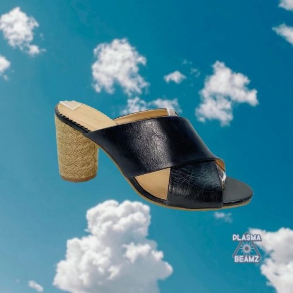 CREVO Presley Black Leather Round Jute Heel Slide Sandals 9 - Picture 1 of 11